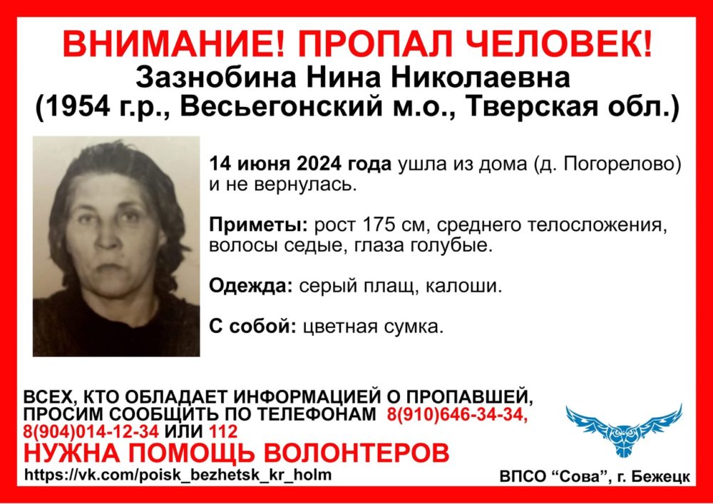 пропала зазнобина нина сова весьегонск