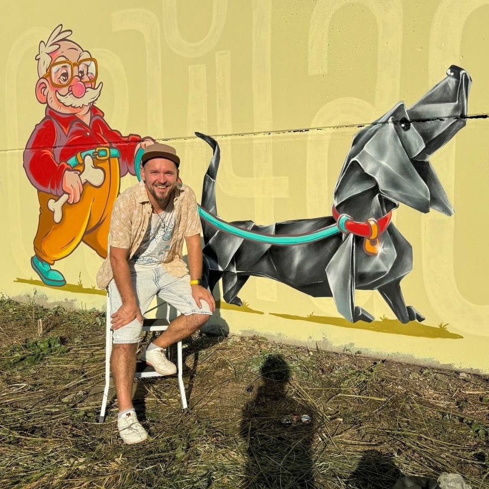 граффити дед выгуливает таксу